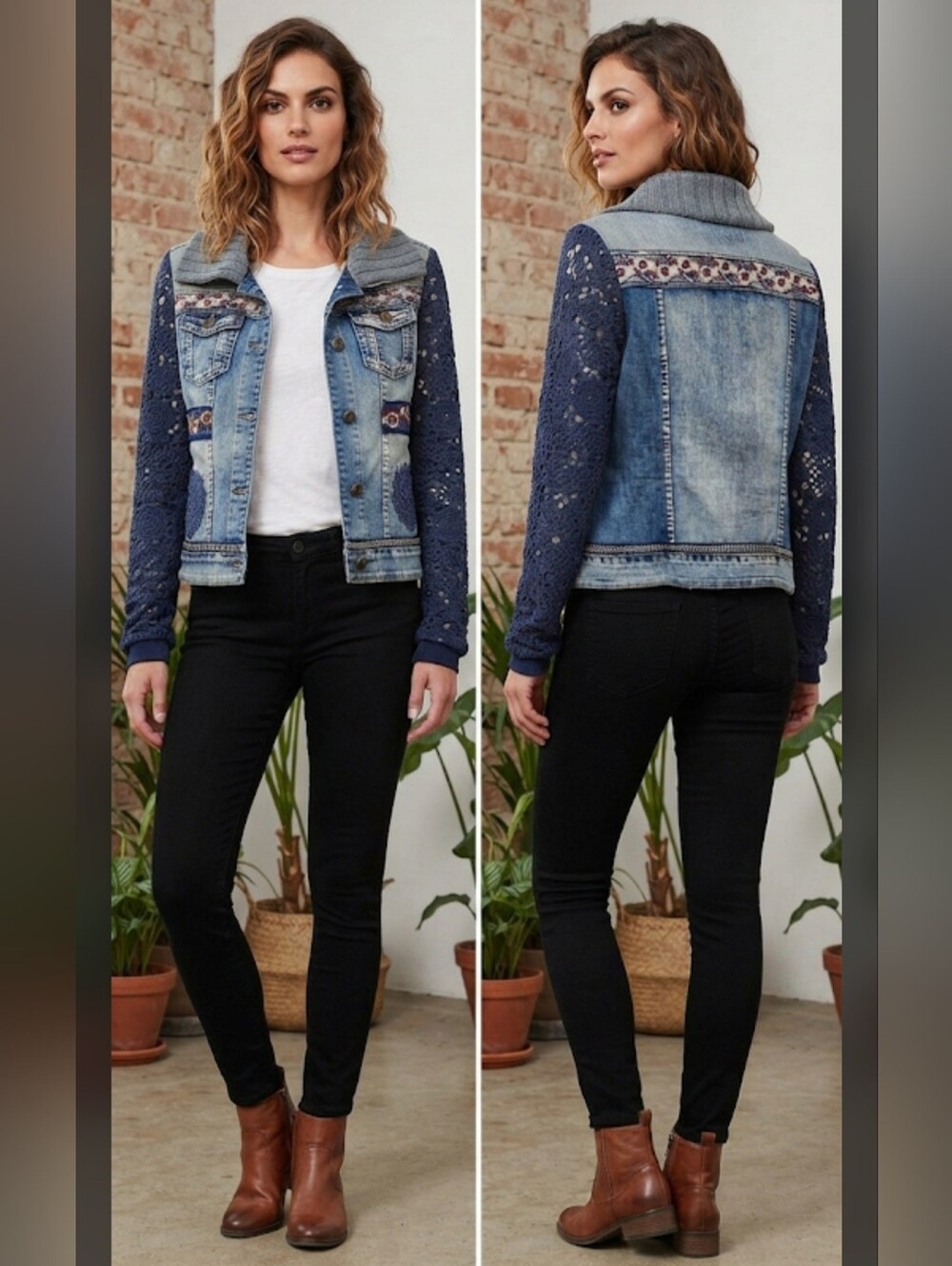 Desigual Denim Jacket Crochet Sleeves Removable Knit Collar Boho size 40 EU